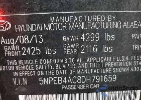 2013 Hyundai Sonata Gls z USA, uszkodzony, nr VIN 5NPEB4AC8DH791659